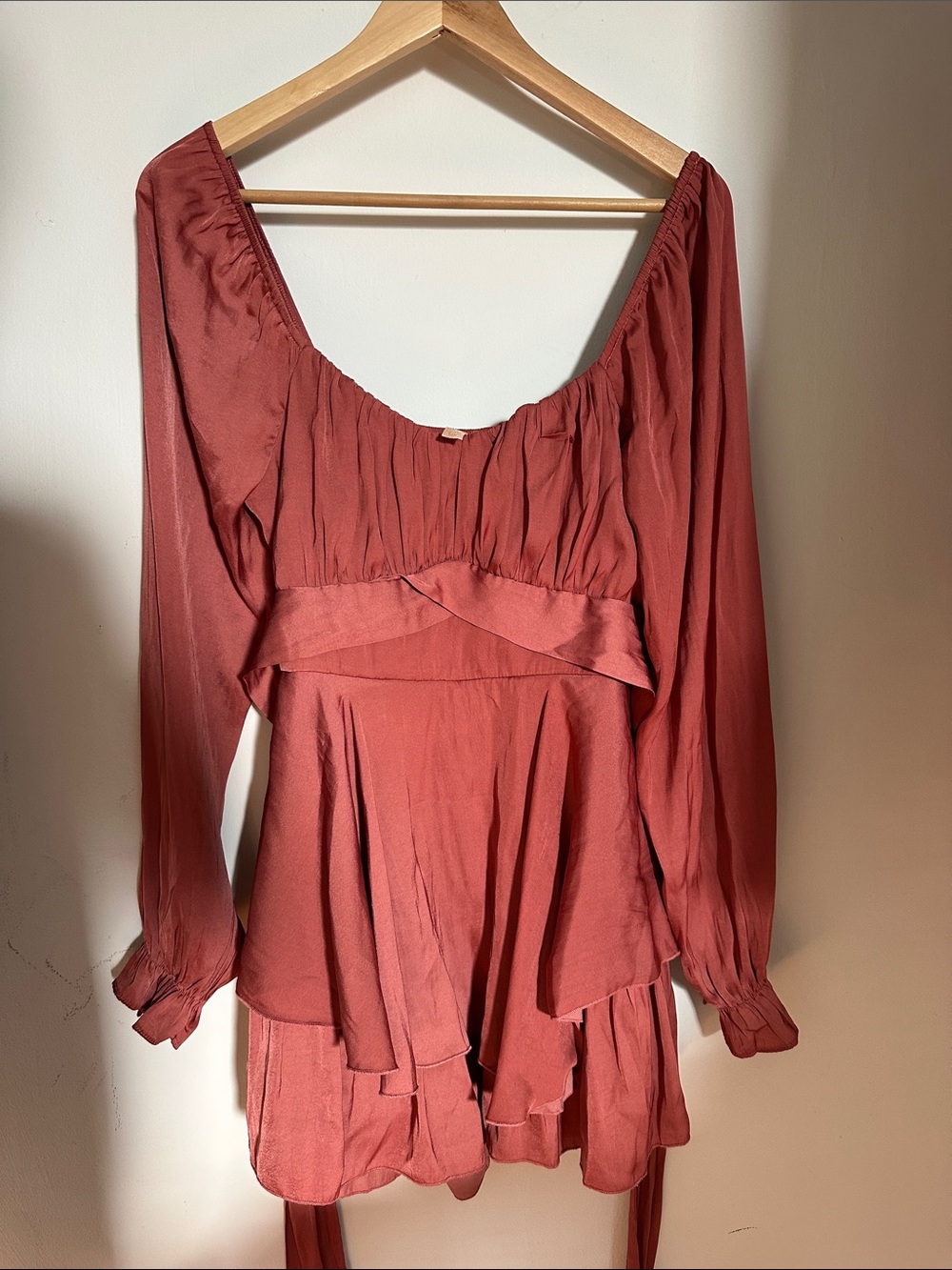 Evolutionary satin pink Long Sleeve Tiered romper